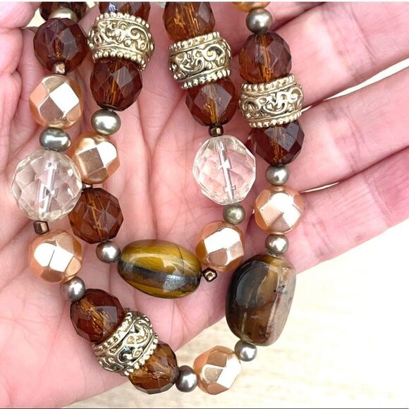 Brown beaded gold tone double strand statement necklace - Picture 6 of 11